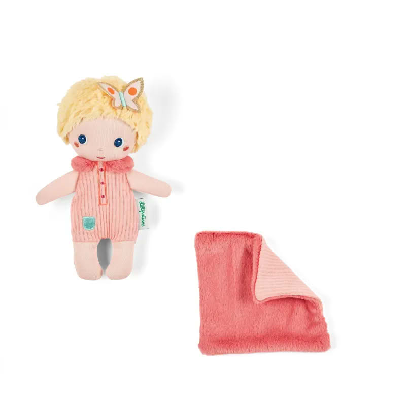 Bambola bionda in pigiama con coperta e lettino (ovvero la sua scatola) per neonati dai 12 mesi